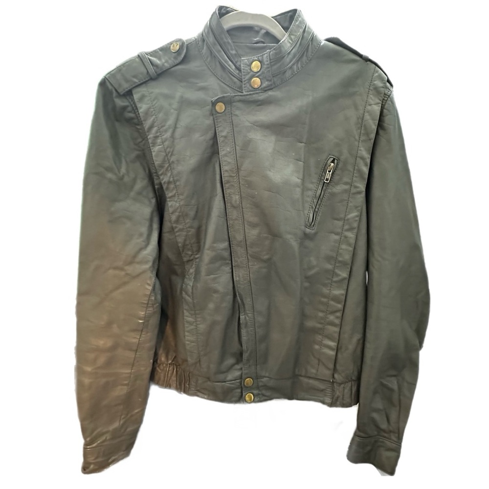 Vintage 80s Gray Leather Moto Bomber Jacket Men’s 44 • Brass YKK Hardware